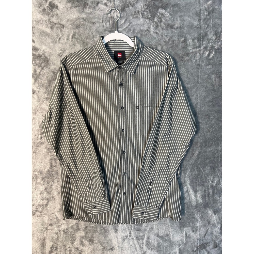 Quiksilver Mens Medium Gray White Striped Long Sleeve Button Down Shirt Regular